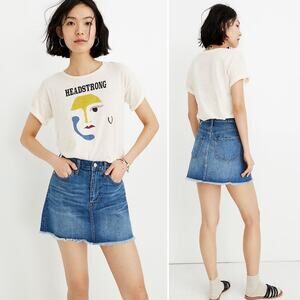 Madewell Rigid Denim A Line Mini Skirt Leandra Wash Raw Fluffy Hem US 25